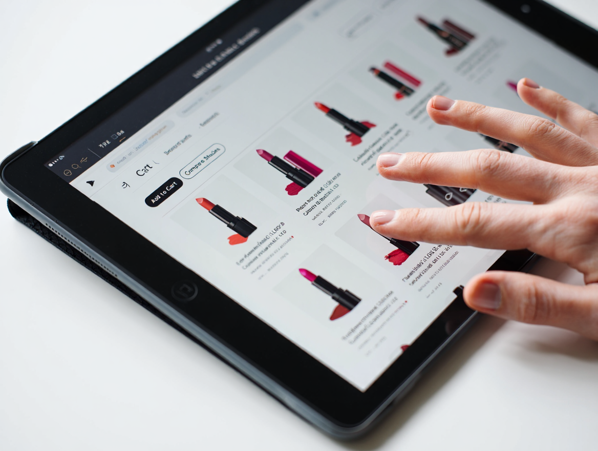 Person comparing lipstick shades while shopping online